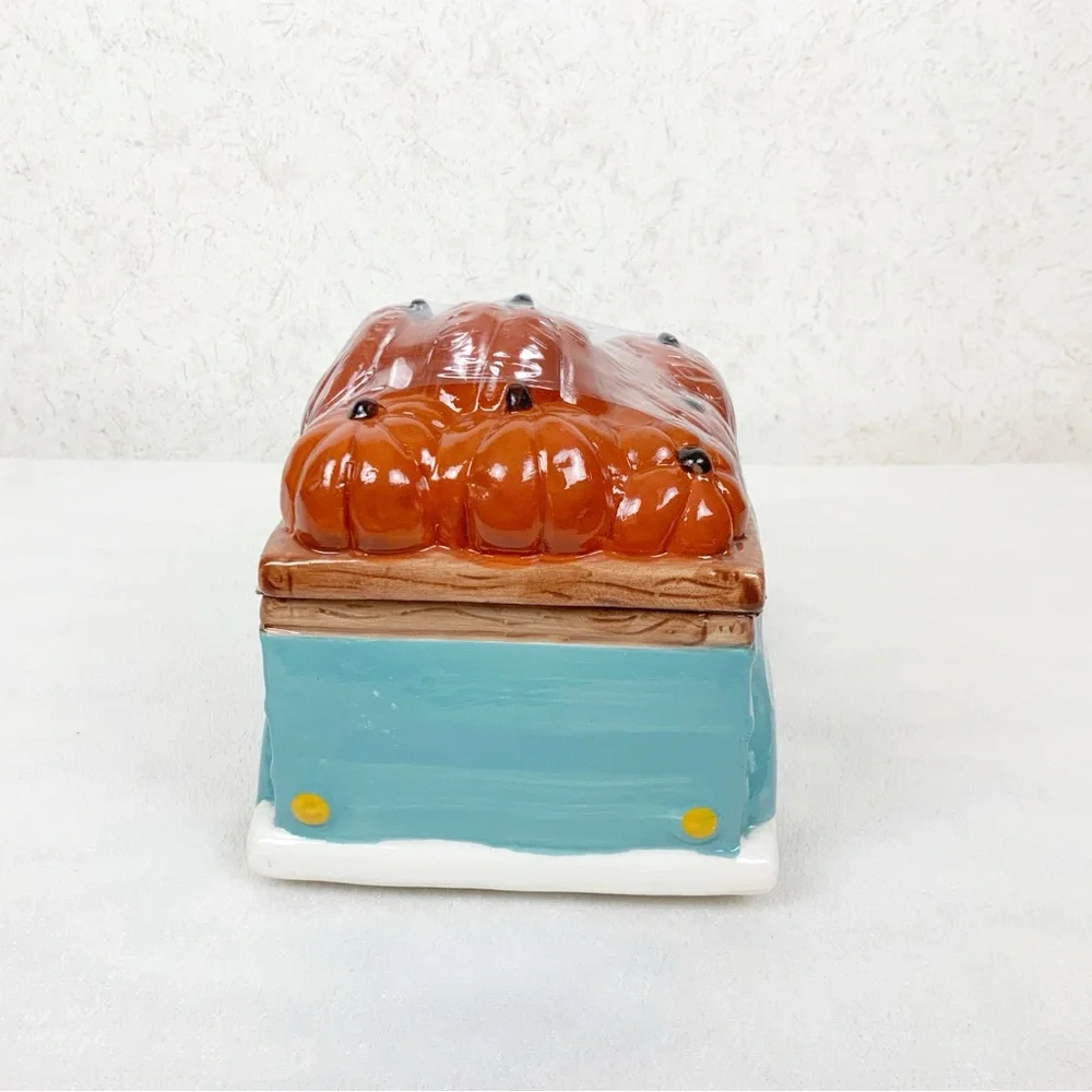 Fall Blue Truck Cookie Jar Ceramic Retro Style Harvest Thanksgiving Farmhouse